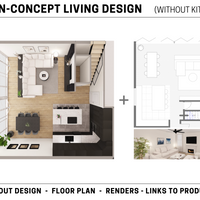 1x Open-Concept Living Design without Kitchen in 2D & 3D