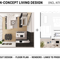1x Open-Concept Living Design with Kitchen in 2D & 3D