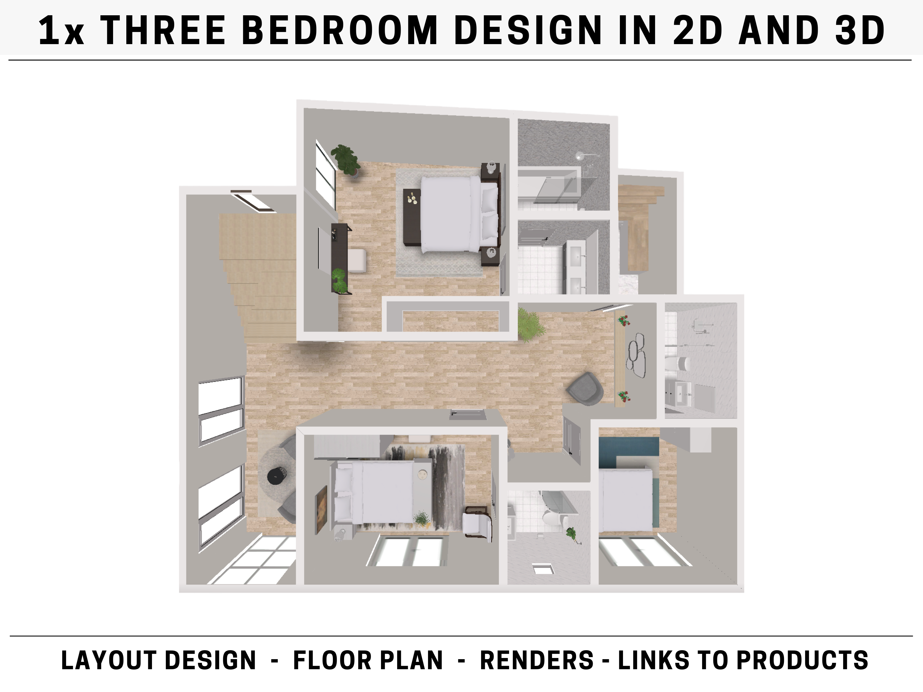 3x Bedroom House/ Apartment Design in 2D and 3D – Digital Interiors