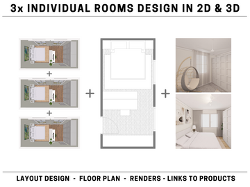 3x Individual Room Design in 2D & 3D