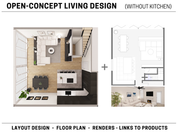 1x Open-Concept Living Design without Kitchen in 2D & 3D
